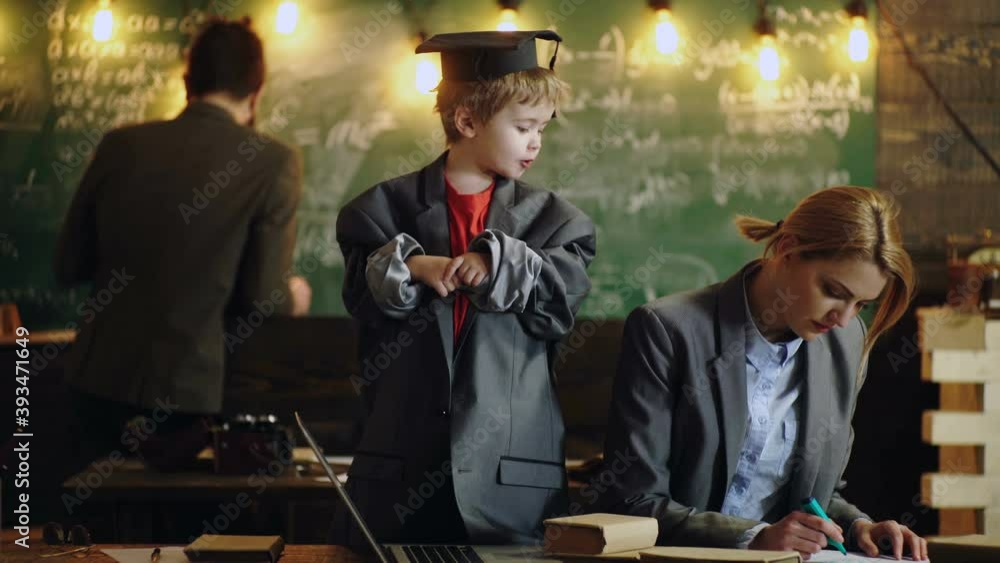 Kids at preschool. Parents helping child with homework at home. Father