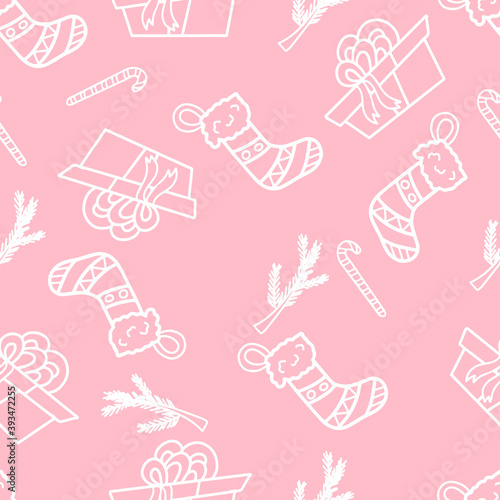 White Christmas seamless pattern on a pink background.