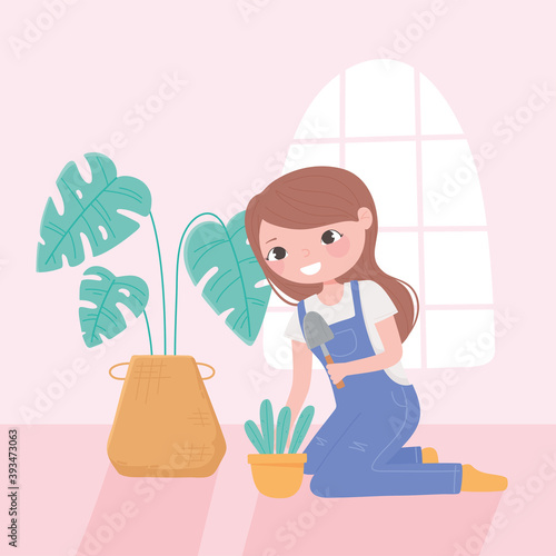 home gardening, gilr with shovel and plants in the room