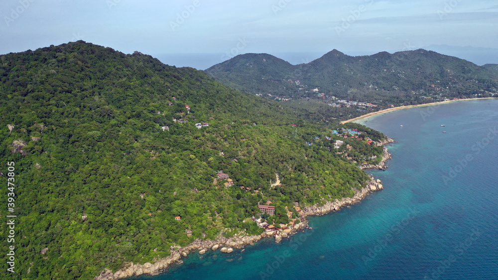 Aerial drone view over the paradise diving island of Koh Tao in the Gulf of Thailand