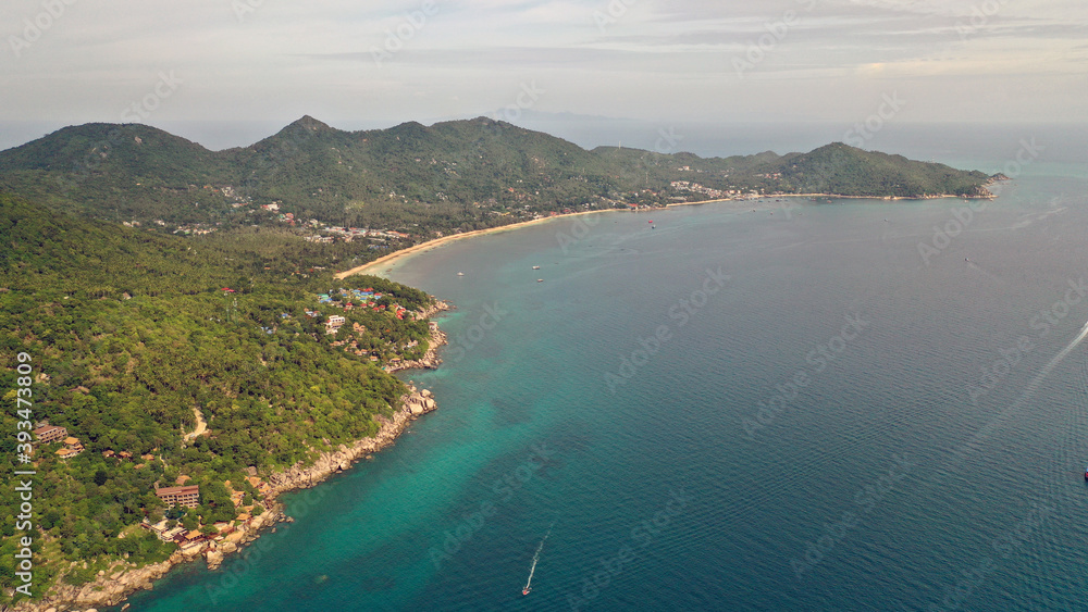 Aerial drone view over the paradise diving island of Koh Tao in the Gulf of Thailand