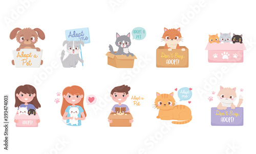 adopt a pet, icons set of people with cats and dogs cartoon