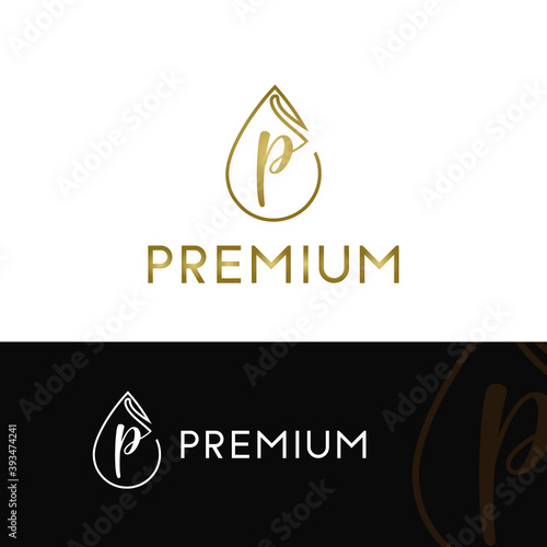 Elegant luxury initial p letter for cosmetic, make up, hotel, boutique business logo concept with golden line art liquid or water drop icon