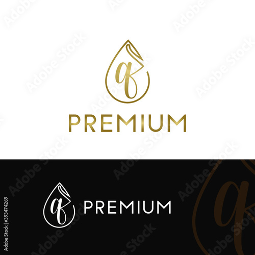 Elegant luxury initial q letter for cosmetic, make up, hotel, boutique business logo concept with golden line art liquid or water drop icon