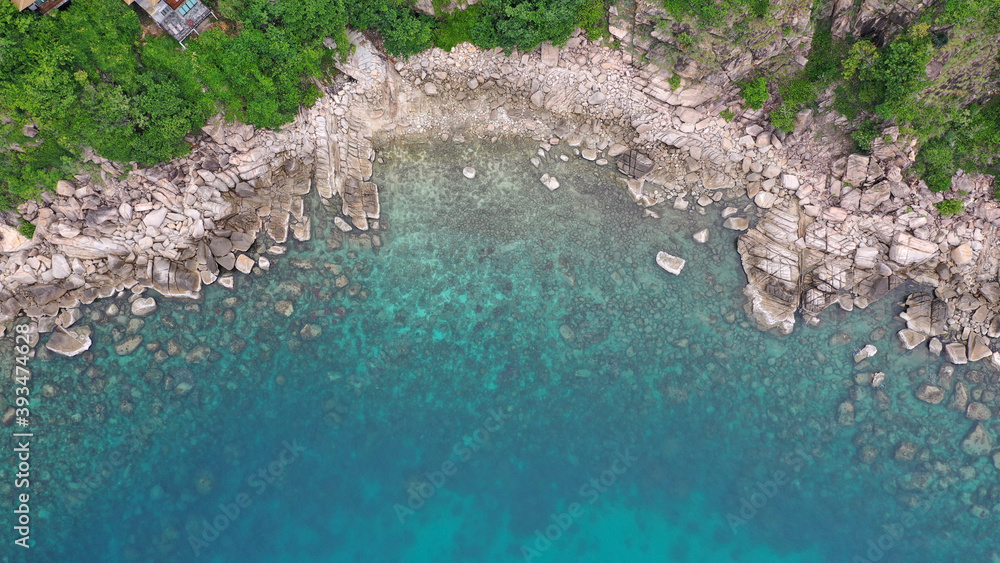Aerial drone view over Sai Deng Beach on the paradise diving island of Koh Tao in the Gulf of Thailand