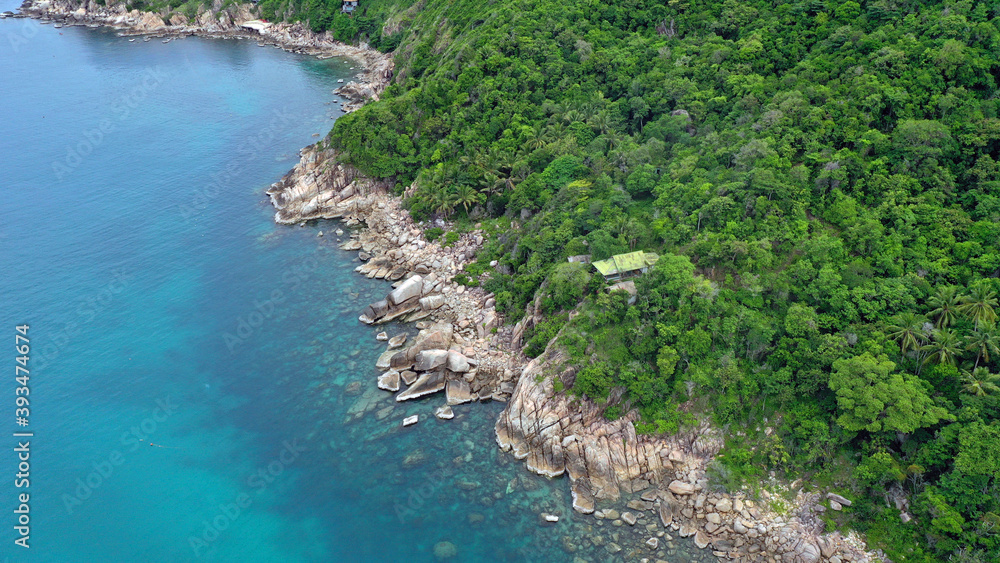 Aerial drone view over Sai Deng Beach on the paradise diving island of Koh Tao in the Gulf of Thailand