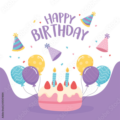 happy birthday, greeting card cake balloons and party hat celebration