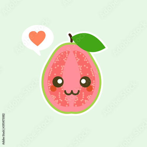Happy guava fruit with cute kawaii faces, cute vegetable characters with phrases, tropical fruit design isolated color background