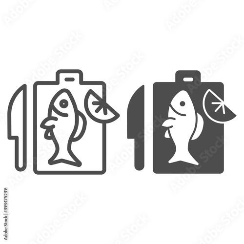 Knife and cutting board with fish and lemon line and solid icon, seafood concept, Cooking fresh fish sign on white background, Fish prepared on cutting board icon in outline style. Vector graphics.