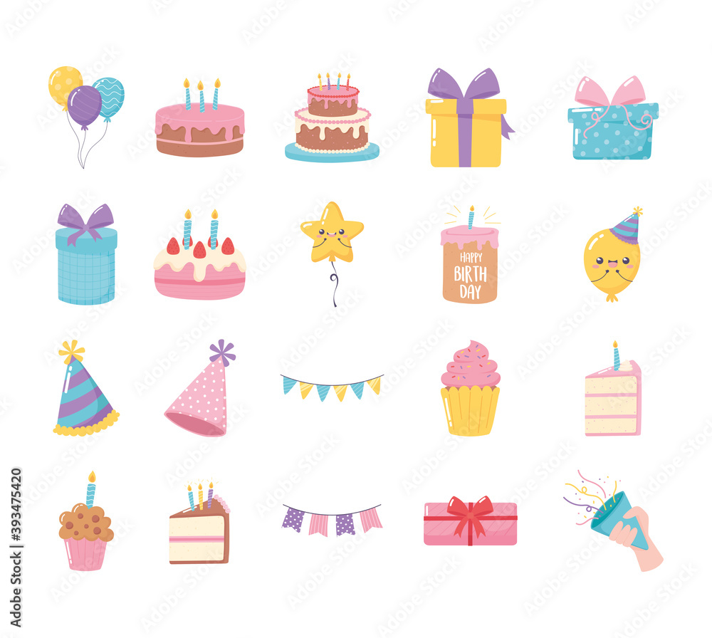 happy birthday, set icons of cake hat gift boxes cupcake balloons cartoon happy birthday, set icons of cake hat gift boxes cupcake balloons cartoon