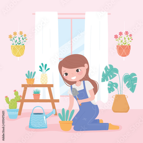 home gardening, girl at room with plants growing in pots