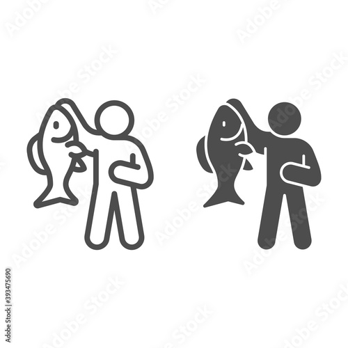 Fisherman with big fish line and solid icon, Fish market concept, fishery sign on white background, Fisherman icon in outline style for mobile concept and web design. Vector graphics.