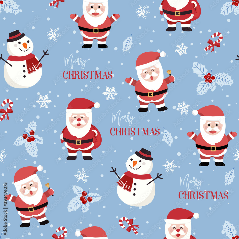 Christmas seamless pattern with Santa and snowman background, Winter pattern with holly berries, wrapping paper, winter greetings, web page background, Christmas and New Year greeting cards Christmas seamless pattern with Santa and snowman background, Winter pattern with holly berries, wrapping paper, winter greetings, web page background, Christmas and New Year greeting cards