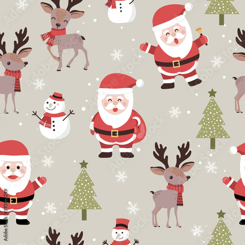 Christmas seamless pattern with santa and reindeer background, Winter pattern with snowflakes, wrapping paper, winter greetings, web page background, Christmas and New Year greeting cards