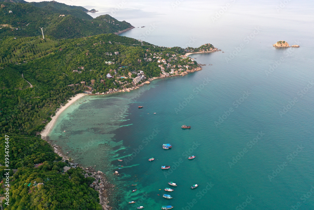 Fototapeta premium Aerial drone view over the paradise diving island of Koh Tao in the Gulf of Thailand