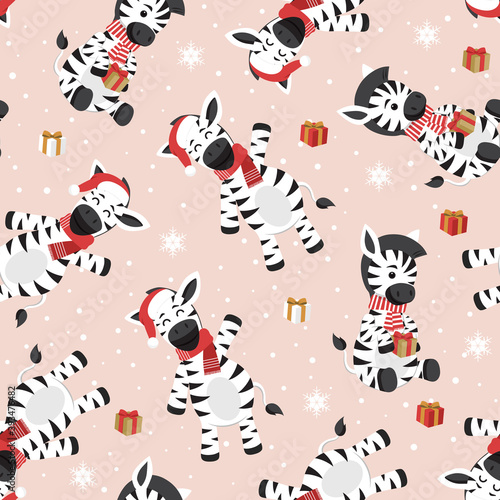 Christmas seamless pattern with zebra background, Winter pattern with happy zebra, wrapping paper, winter greetings, web page background, Christmas and New Year greeting cards