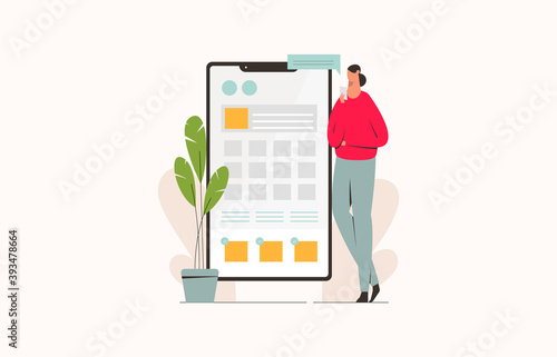 Appoinment booking with smartphone. People chat and choosing the date and time using smartphones. Flat vector illustration.