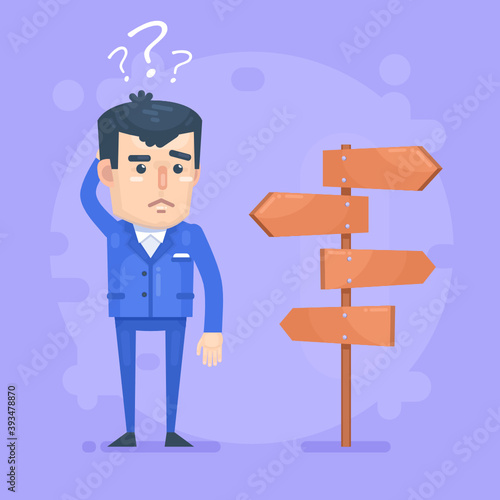 Confused man at crossroads think, future plans, select path. Modern vector illustration
