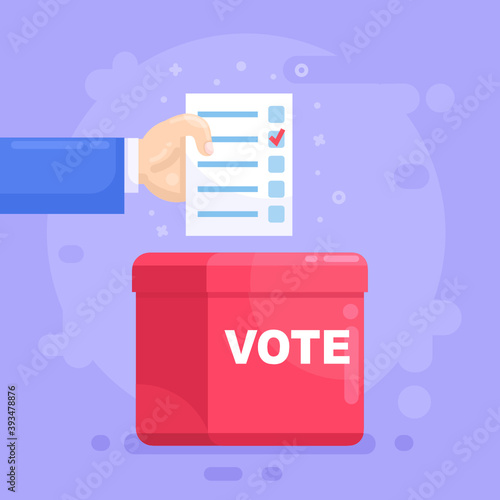 Hand put vote bulletin into vote box. Election, ballot concept. Modern vector illustration