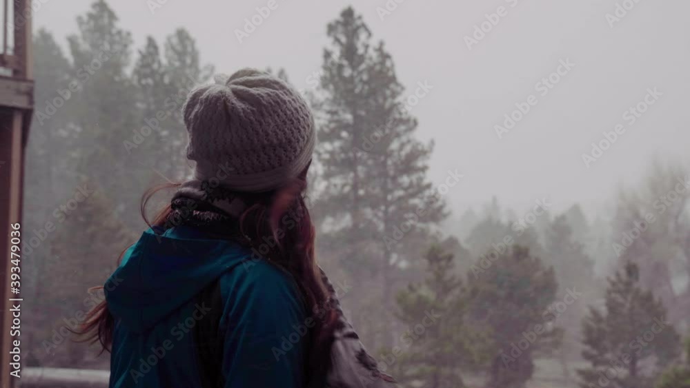 Woman Watches Snow Fall in Forest on a Windy Overcast Day Woman Watches Snow Fall in Forest on a Windy Overcast Day
