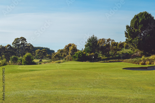 Fototapeta Naklejka Na Ścianę i Meble -  Golf hole with green grass and trees in distance 