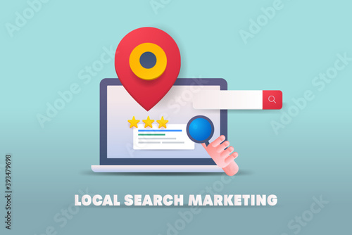 Local search marketing, local business map listing and seo optimization. Local search result with map and rating. 3d style illustration vector.