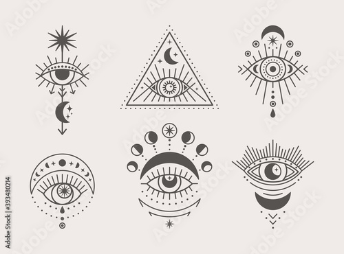 Set of Mystical Eyes, Sun and Moon Icons in a Trending Minimal Linear Style. Vector Isoteric Illustration for t-shirt Prints, Boho Posters, Cards, Covers, Logo Designs and Tattoos.