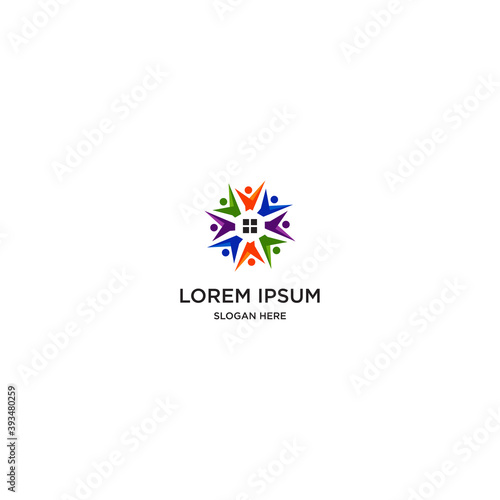 Colorful home with happy kid vector logo design. Charity, help and support organization vector design.