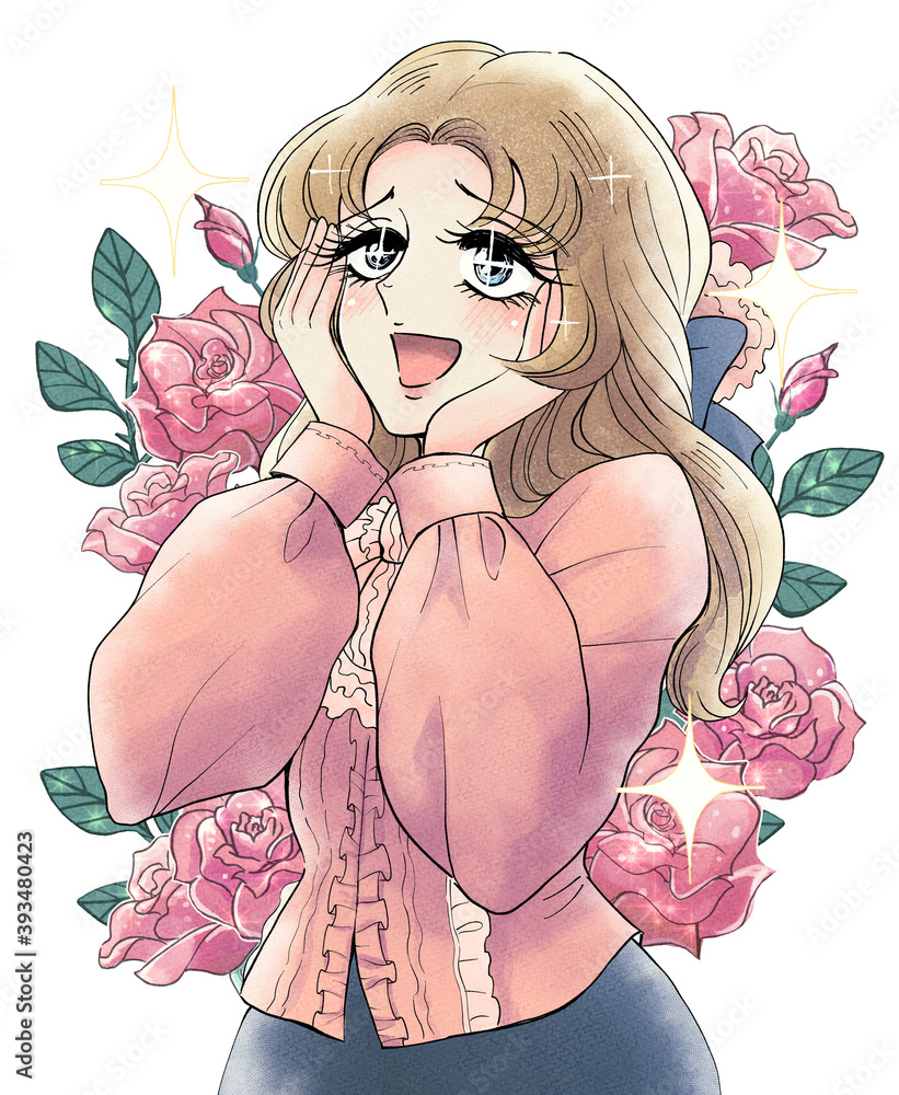70年代の少女漫画風 歓喜するお嬢様のイラスト 薔薇背景 Stock Illustration Adobe Stock