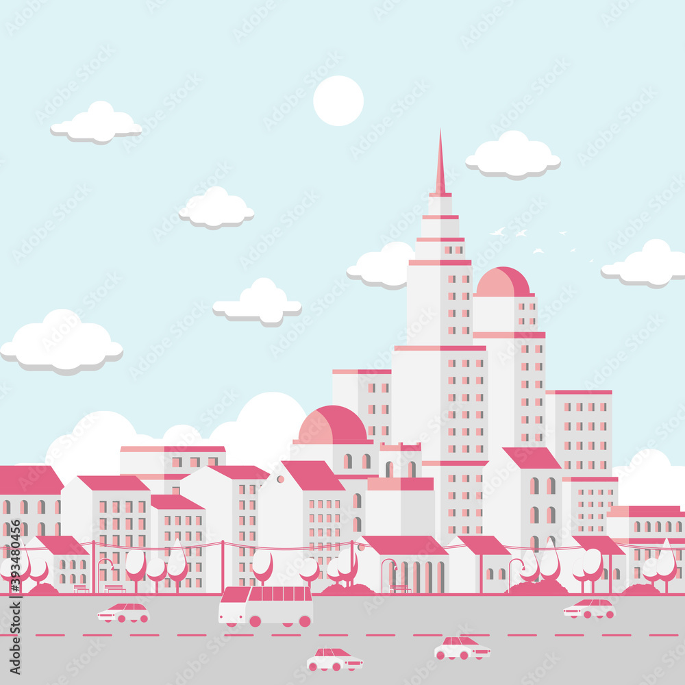 Illustration of city on cloud and blue sky, Isometric building view. Vector.