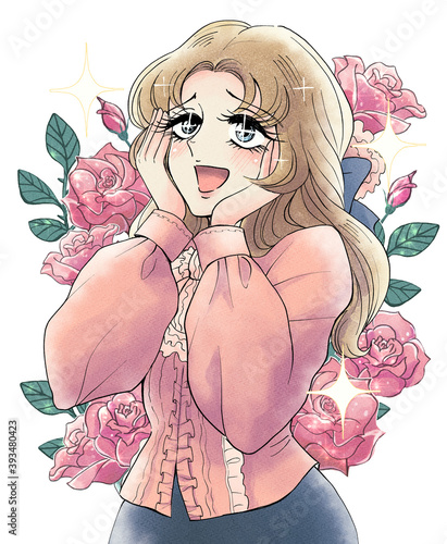 70年代の少女漫画風 歓喜するお嬢様のイラスト 薔薇背景 Stock Illustration Adobe Stock