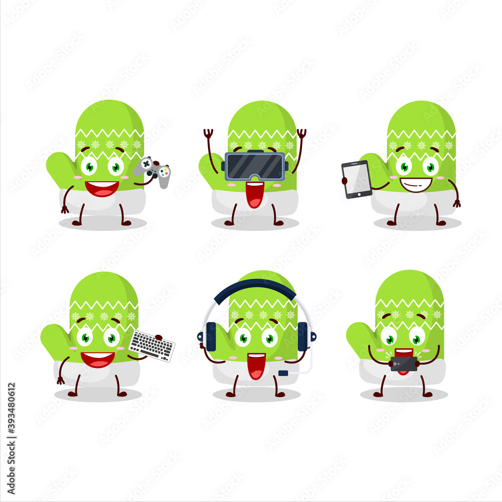 Obraz premium New green gloves cartoon character are playing games with various cute emoticons