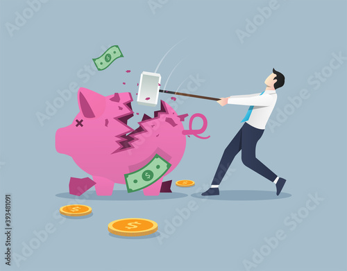 Businessman breaks piggy bank with hammer concept. Business financial symbol vector illustration