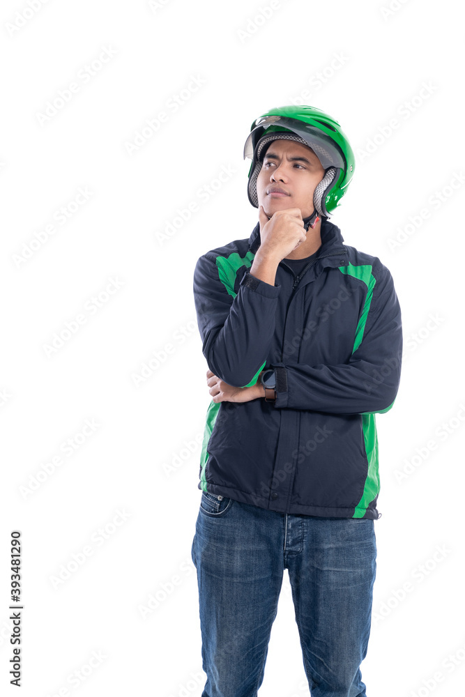 man with uniform and helmet thinking. professional uber driver isolated over white background man with uniform and helmet thinking. professional uber driver isolated over white background