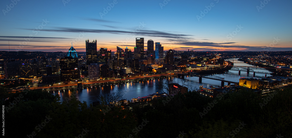 Pittsburgh Urban City Infastructure with pretty colors, bridges, city skyline and room for copy 

