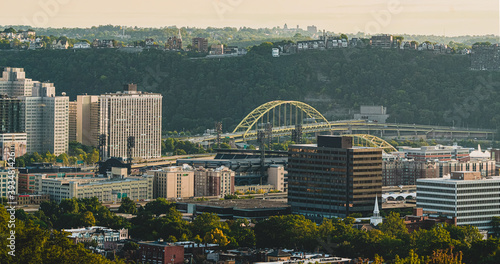 Pittsburgh Urban City Infastructure with pretty colors, bridges, city skyline and room for copy 
 photo