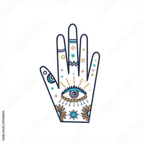 Line art vector illustration with enchantress hand. Evil eyes icon, talismans in hand drawn style. Evil Eye, Hamsa, Hand of Fatima. Symbols of astrological prediction and fortune telling