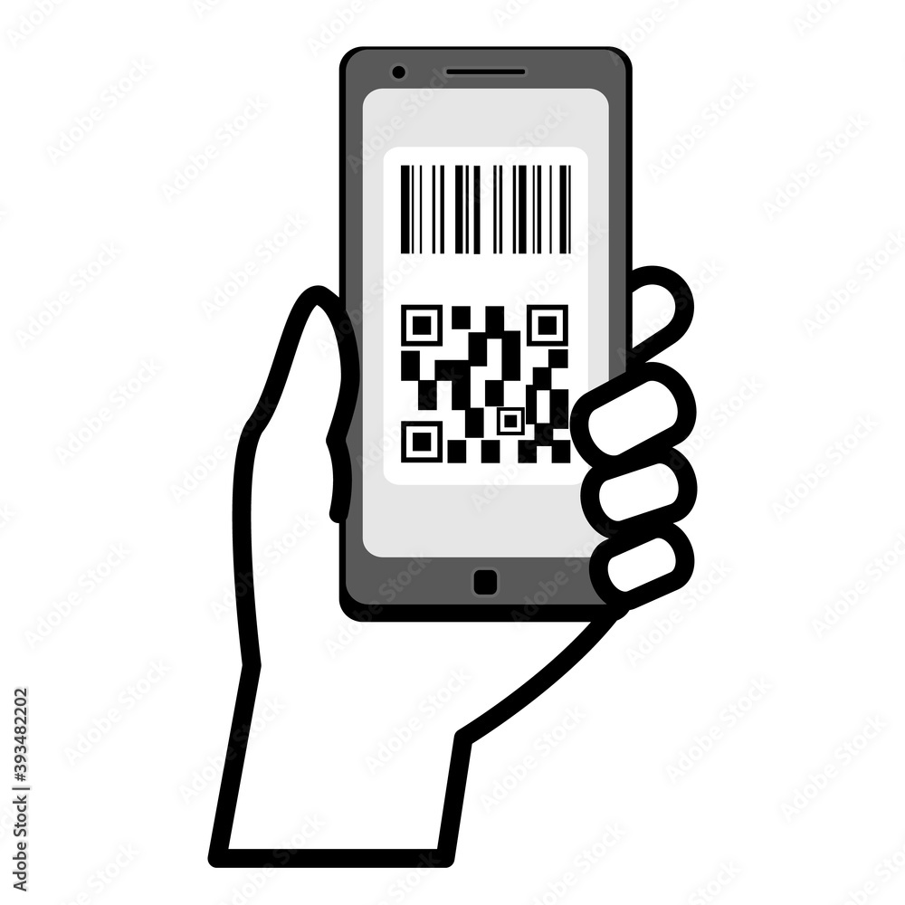 バーコードとqrコードを表示したスマホ画面を見せている手のイラスト Stock Vector Adobe Stock
