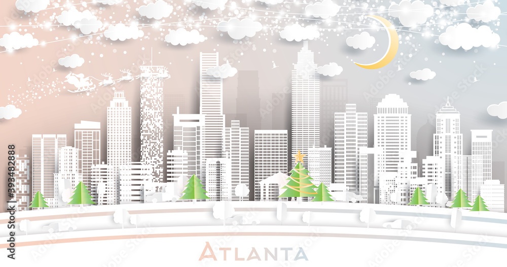 Atlanta Georgia City Skyline in Paper Cut Style with Snowflakes, Moon and Neon Garland.