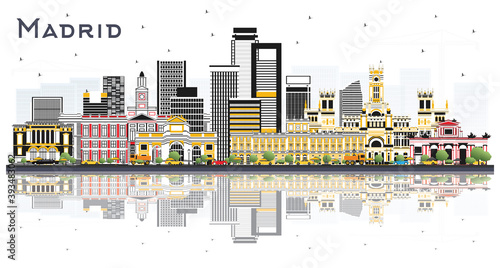 Madrid Spain City Skyline with Color Buildings and Reflections Isolated on White Background.