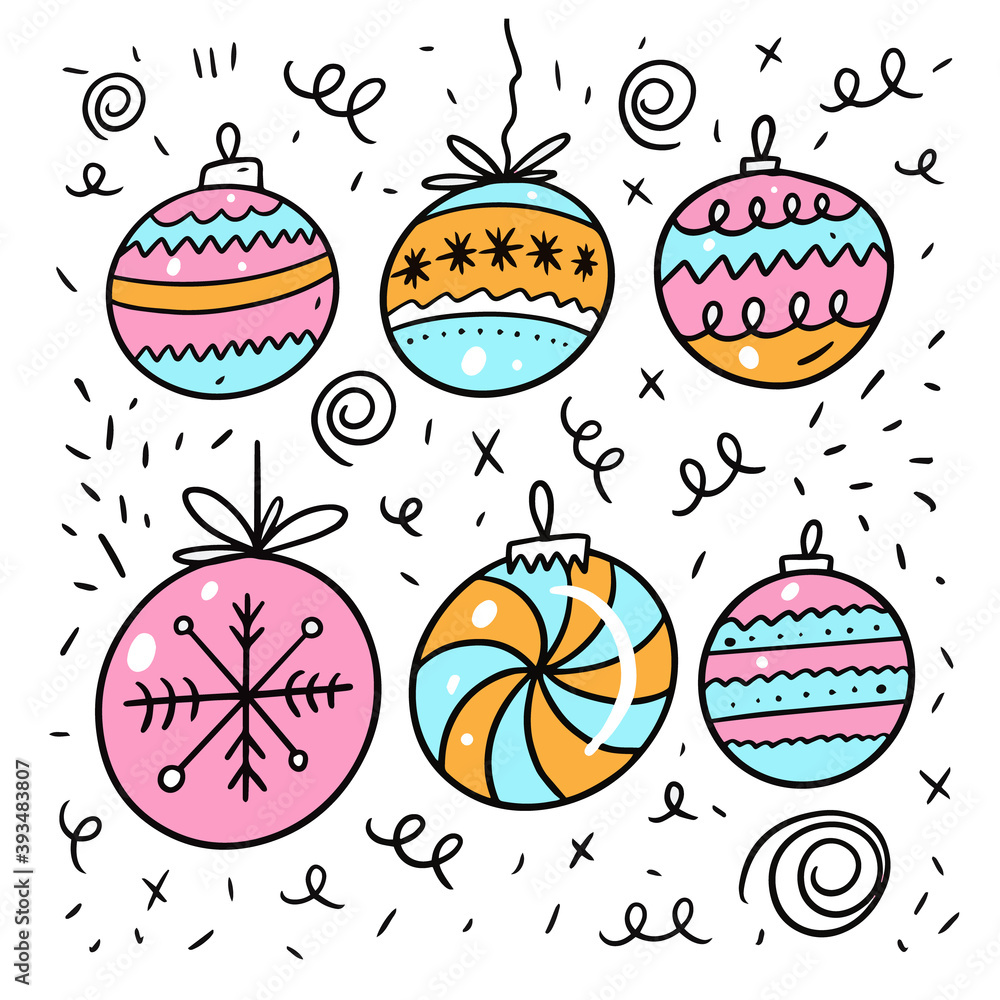 Christmas balls winter holiday. Colorful doodle vector illustration.