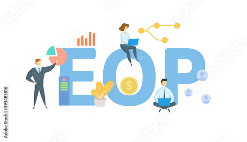 EOP, End-of-Period. Concept with keywords, people and icons. Flat vector illustration. Isolated on white background.