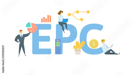 EPC, Earnings Per Click. Concept with keywords, people and icons. Flat vector illustration. Isolated on white background.
