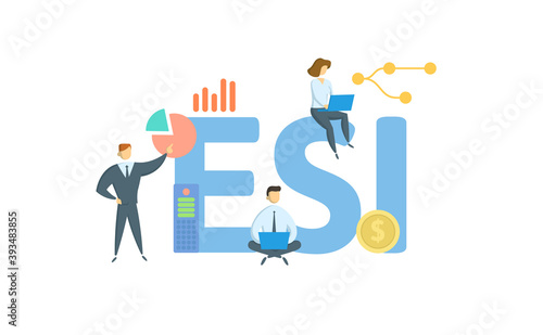 ESI, Electronically Stored Information. Concept with keywords, people and icons. Flat vector illustration. Isolated on white background.