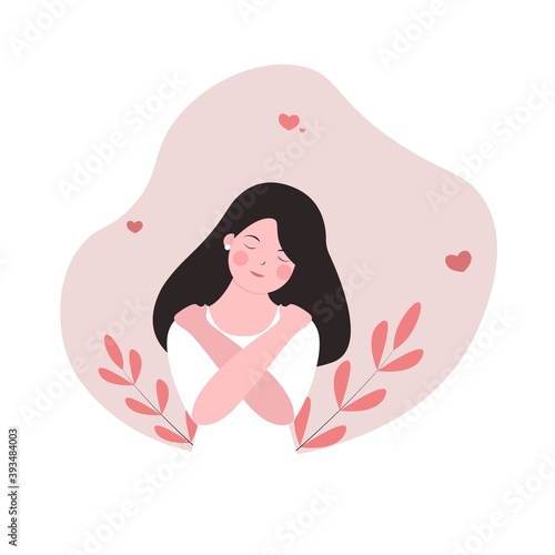 Girl hug herself. Self-love concept. Woman healthcare. Mental health.