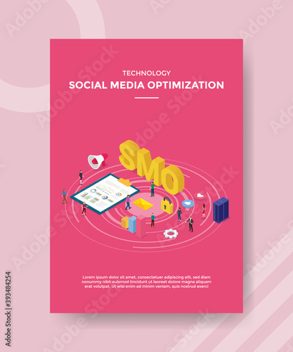 technology social media optimization people standing chart board server SMO text for template of banner and flyer for printing magazine cover
