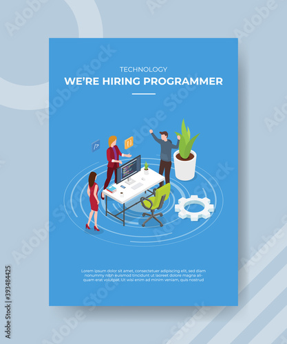 technology were hiring programmer people standing discussion talk front desk for template of banner and flyer for printing magazine cover and poster