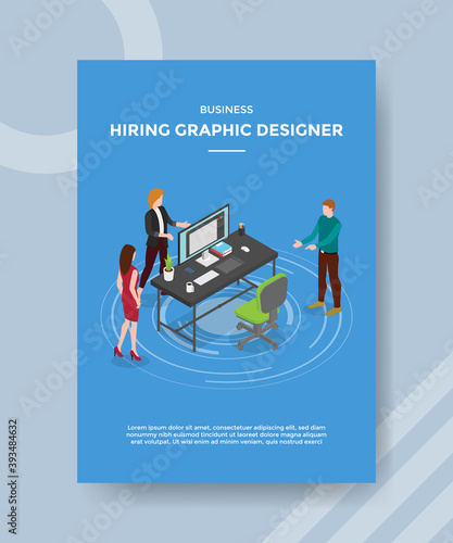 business hire designer people standing discussion around desk workspace for template of banner and flyer for printing magazine cover and poster