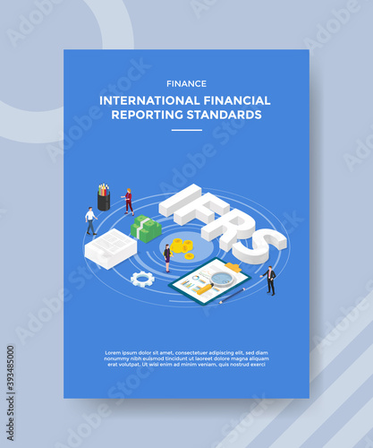 finance international financial reporting standards people standing around money chart board IFRS text for template of banner and flyer