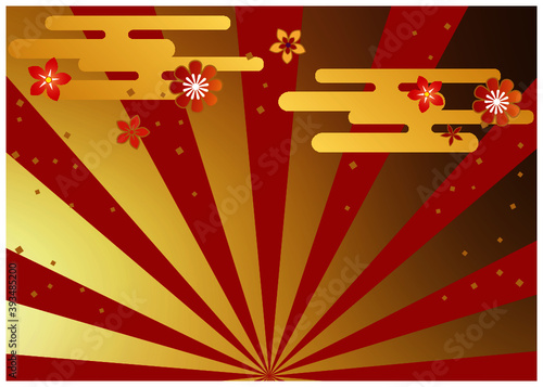 正月_赤い放射状_金箔背景